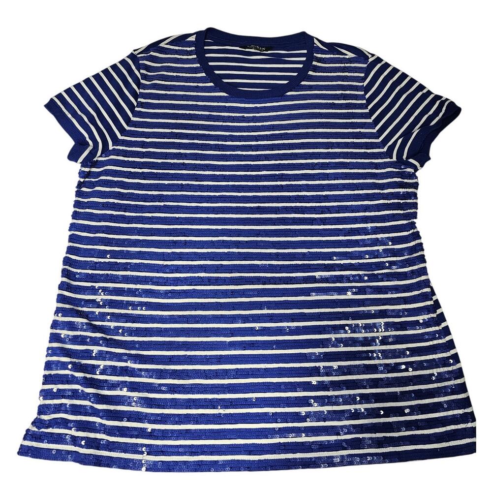 Ralph‎ Lauren Lauren White Blue Sequined Striped Top Size